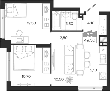 Планировка 3е-к. квартира 49.50 м² в ЖК «Ясный Берег»