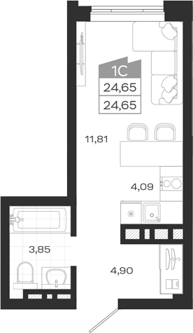 Планировка студии 24.65 м² в ЖК «Ясный Берег»
