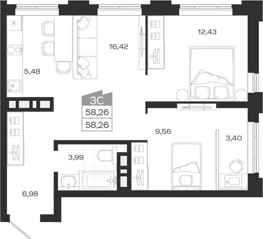 Планировка 3е-к. квартира 58.26 м² в ЖК «Ясный Берег»