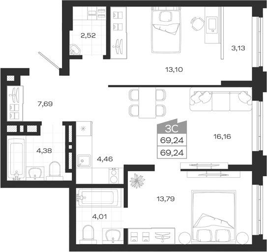 Планировка 3е-к.кв 69.24 м² в ЖК «Ясный Берег»