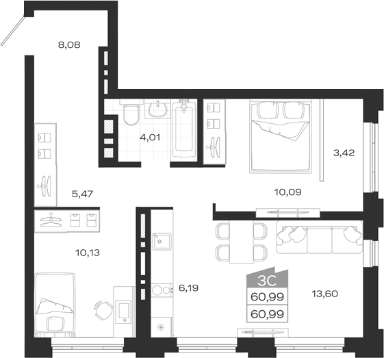 Планировка 3е-к.кв 60.99 м² в ЖК «Ясный Берег»
