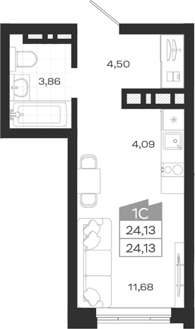 Планировка студии 24.13 м² в ЖК «Ясный Берег»