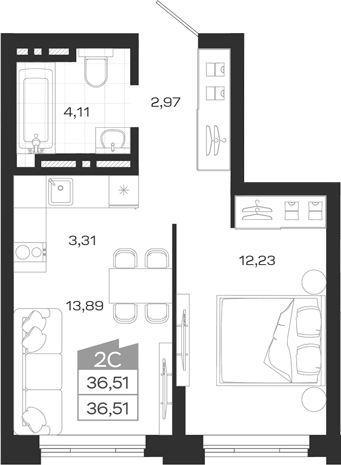 Планировка 2е-к. квартира 36.51 м² в ЖК «Ясный Берег»