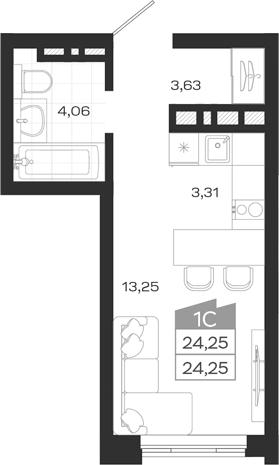 Планировка студии 24.25 м² в ЖК «Ясный Берег»