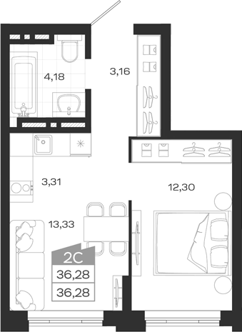 Планировка 2е-к. квартира 36.28 м² в ЖК «Ясный Берег»