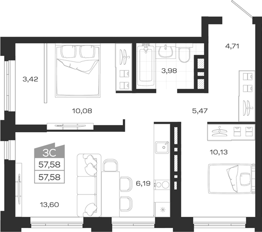 Планировка 3е-к.кв 57.58 м² в ЖК «Ясный Берег»
