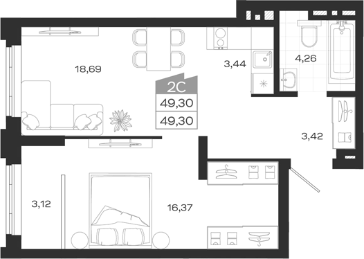 Планировка 2е-к.кв 49.30 м² в ЖК «Ясный Берег»