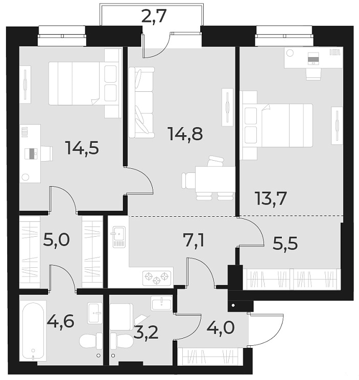 Планировка 3е-к.кв 72.40 м² в ЖК «Русское солнце»