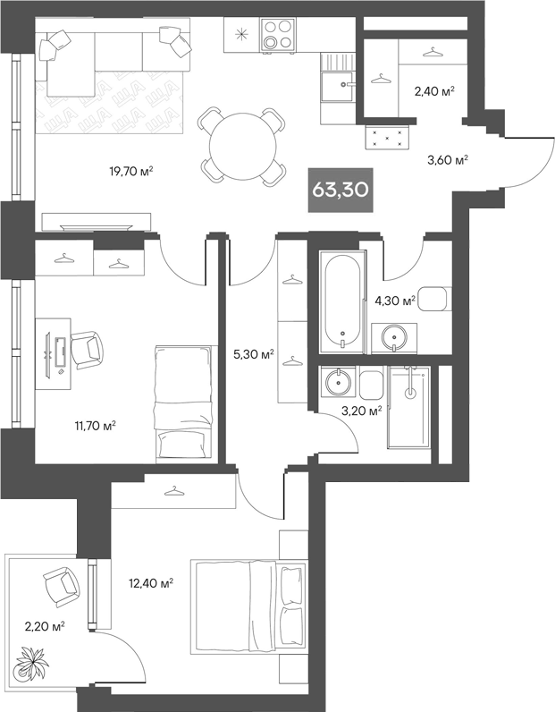 Планировка 2-к.кв 62.64 м² в ЖК «ЩА»