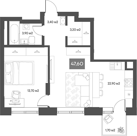 Планировка 1-к.кв 47.09 м² в ЖК «ЩА»