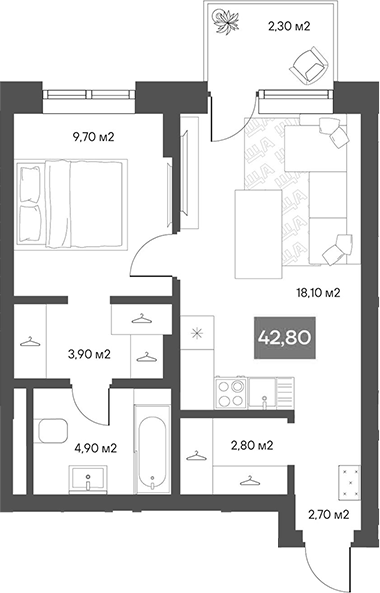 Планировка 1-к.кв 42.11 м² в ЖК «ЩА»