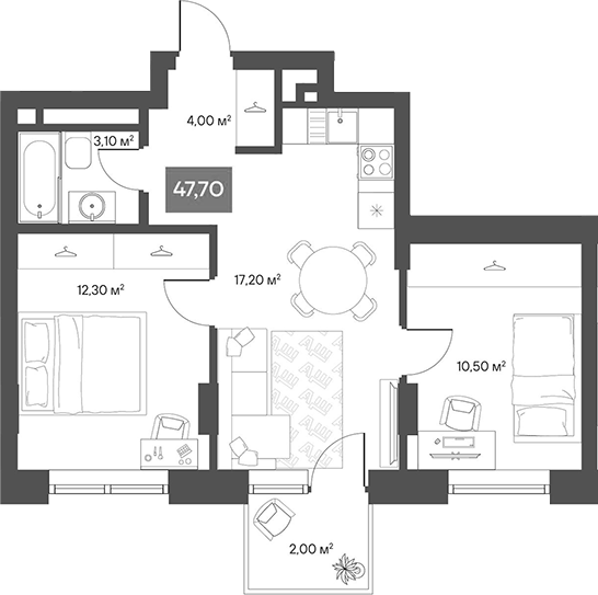 Планировка 2-к.кв 47.10 м² в ЖК «ЩА»