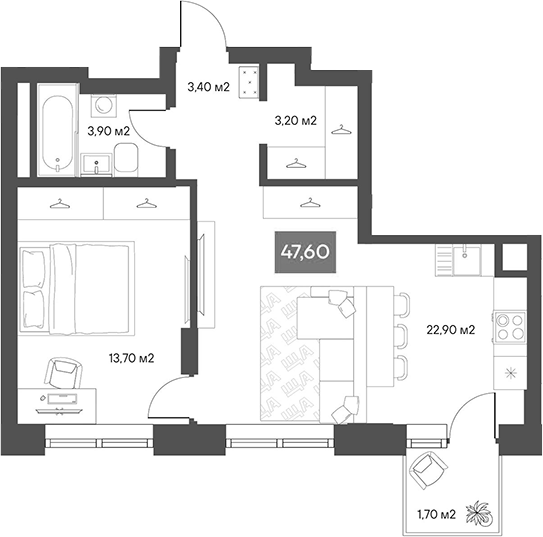Планировка 1-к.кв 47.09 м² в ЖК «ЩА»