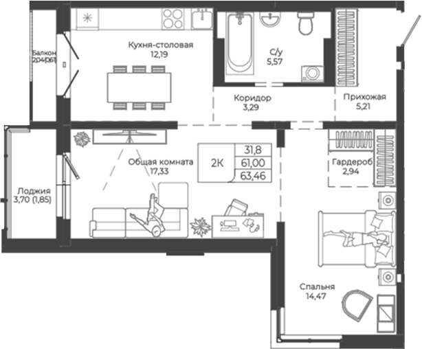 Планировка 2-к.кв 61.00 м² в ЖК «Легенда-155. Барнаул»