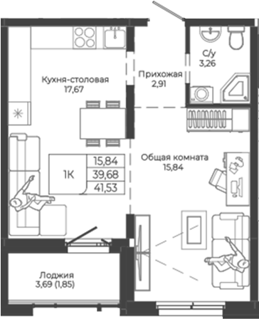 Планировка 1-к.кв 39.68 м² в ЖК «Легенда-155. Барнаул»
