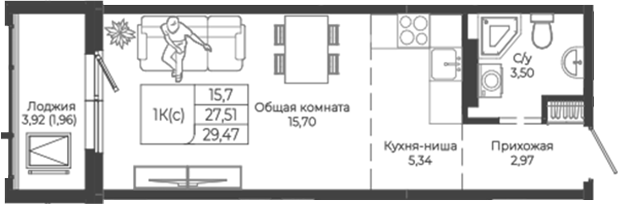 Планировка студии 27.51 м² в ЖК «Легенда-155. Барнаул»