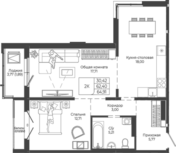 Планировка 2-к.кв 62.40 м² в ЖК «Легенда-155. Барнаул»