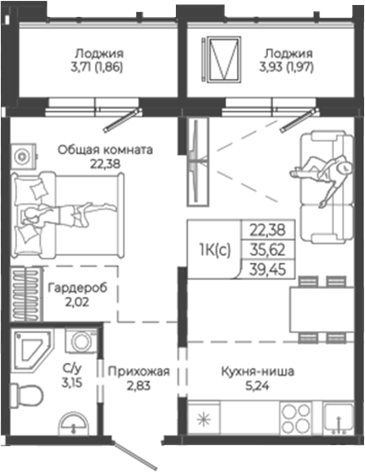 Планировка студии 35.62 м² в ЖК «Легенда-155. Барнаул»