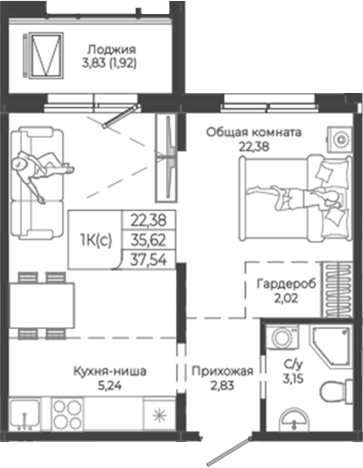 Планировка студии 35.62 м² в ЖК «Легенда-155. Барнаул»