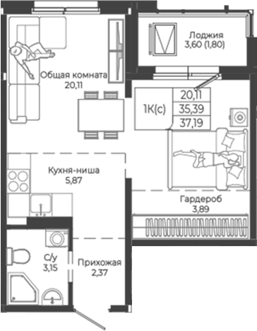 Планировка студии 35.39 м² в ЖК «Легенда-155. Барнаул»