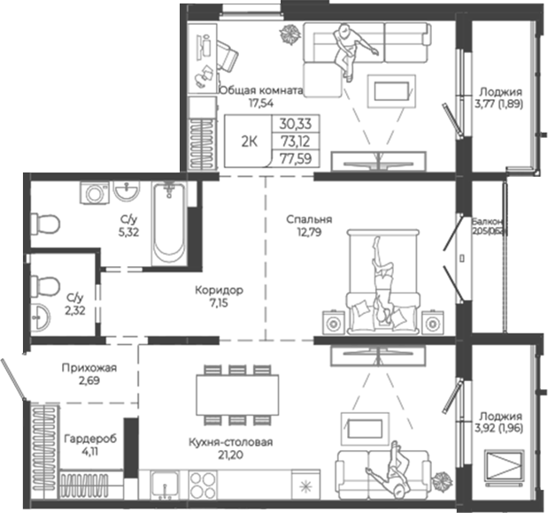 Планировка 2-к.кв 73.12 м² в ЖК «Легенда-155. Барнаул»