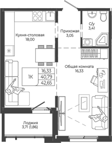 Планировка 1-к.кв 40.79 м² в ЖК «Легенда-155. Барнаул»