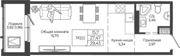 Планировка студии 27.47 м² в ЖК «Легенда-155. Барнаул»