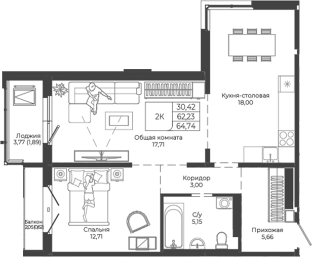 Планировка 2-к.кв 62.23 м² в ЖК «Легенда-155. Барнаул»