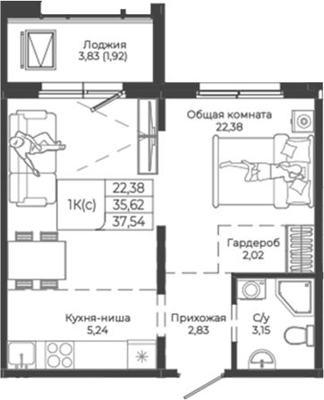 Планировка студии 35.62 м² в ЖК «Легенда-155. Барнаул»