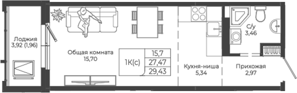 Планировка студии 27.47 м² в ЖК «Легенда-155. Барнаул»