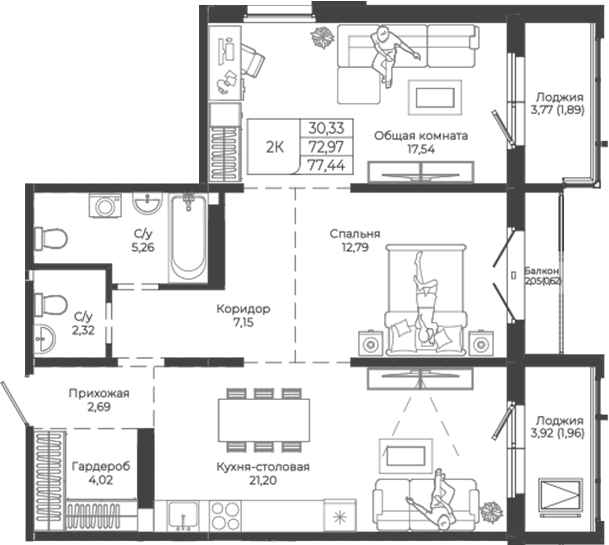 Планировка 2-к.кв 72.97 м² в ЖК «Легенда-155. Барнаул»