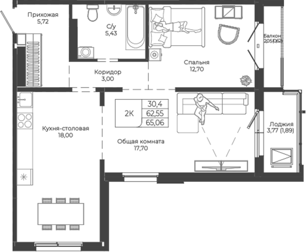 Планировка 2-к.кв 62.55 м² в ЖК «Легенда-155. Барнаул»