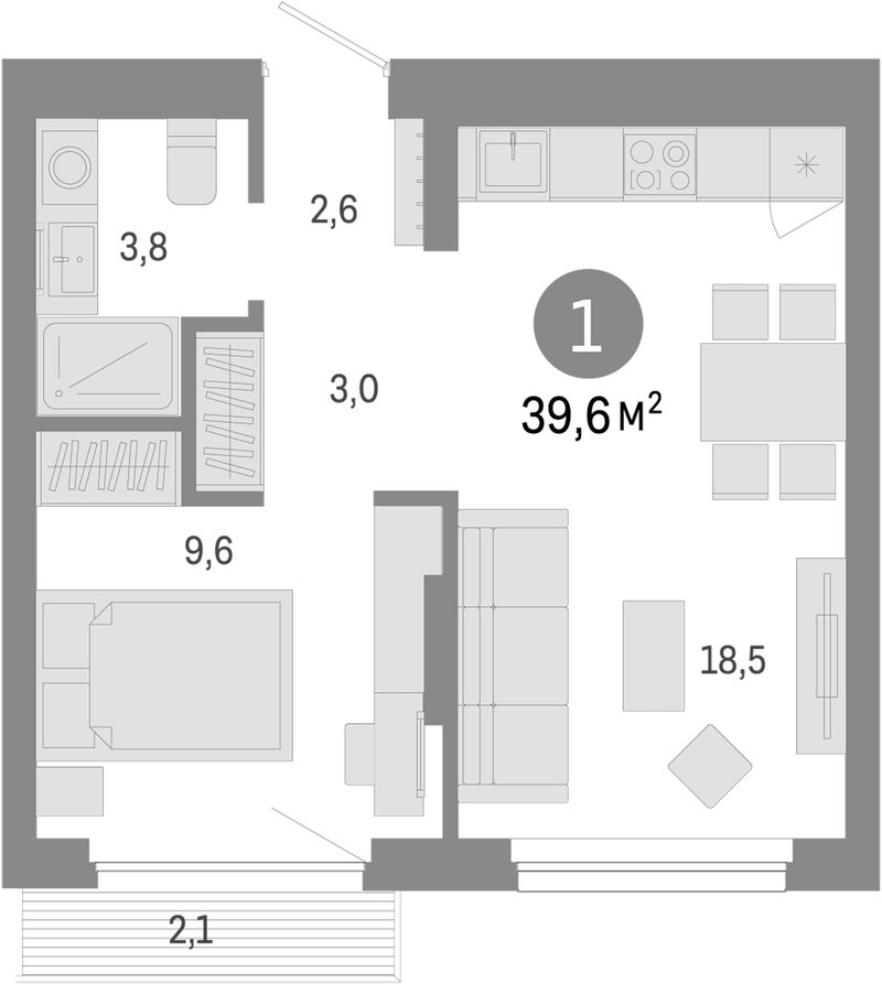 Планировка 2е-к. квартира 37.50 м² в ЖК «Лебедевский»