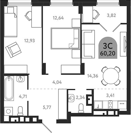 Планировка 3е-к.кв 60.20 м² в ЖК «Квартал 1604. Томск»