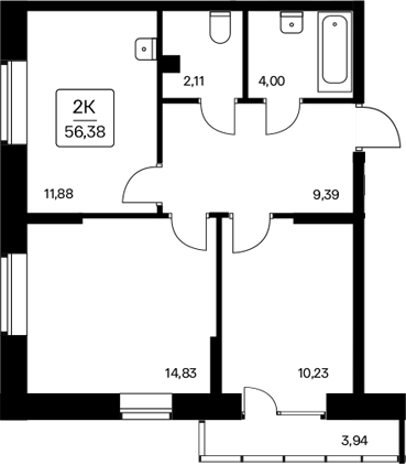 Планировка 2-к.кв 52.44 м² в ЖК «Расцветай на Дуси Ковальчук»
