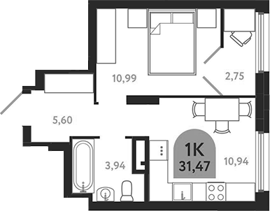 Планировка 1-к.кв 31.47 м² в ЖК «Квартал 1604. Томск»