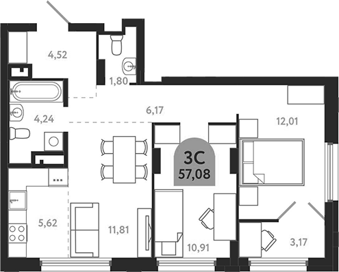 Планировка 3е-к.кв 57.08 м² в ЖК «Квартал 1604. Томск»