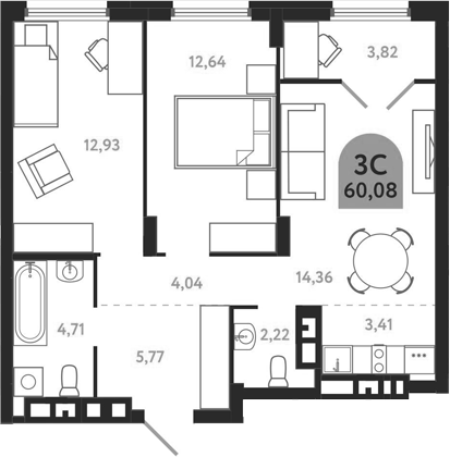 Планировка 3е-к.кв 60.08 м² в ЖК «Квартал 1604. Томск»