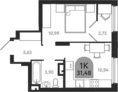 Планировка 1-к.кв 31.48 м² в ЖК «Квартал 1604. Томск»