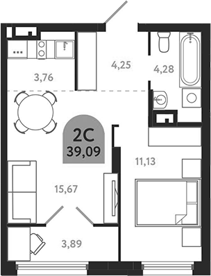 Планировка 2е-к.кв 39.09 м² в ЖК «Квартал 1604. Томск»