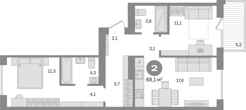 Планировка 3е-к. квартира 62.90 м² в ЖК «Пшеница»