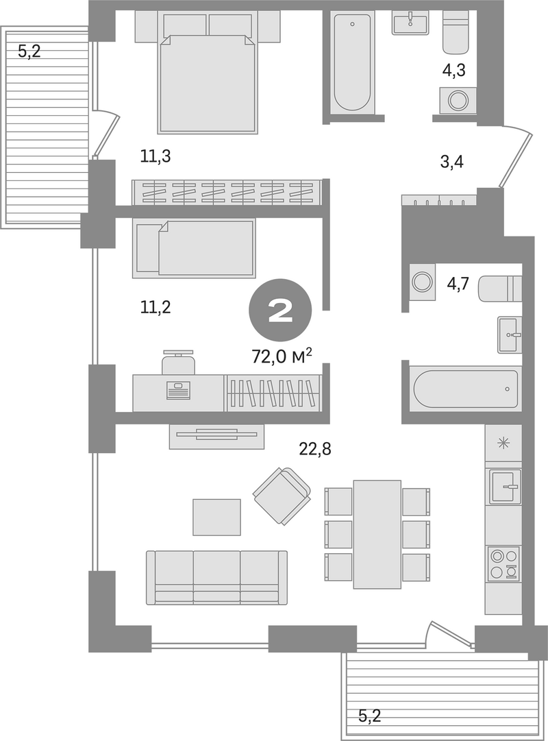 Планировка 3е-к.кв 61.60 м² в ЖК «Пшеница»