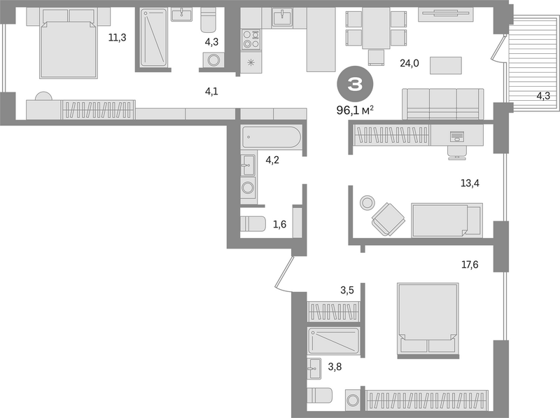 Планировка 4е-к. квартира 91.80 м² в ЖК «Пшеница»