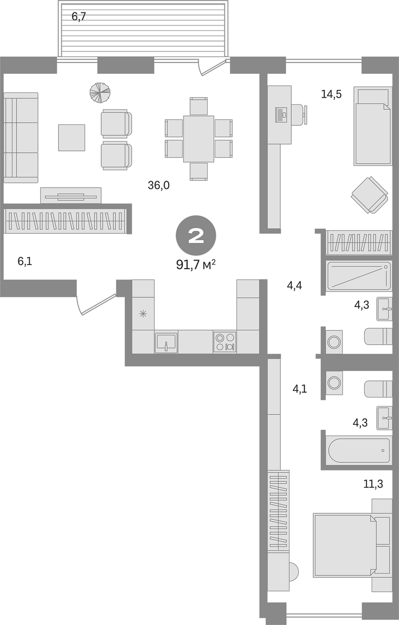Планировка 3е-к. квартира 85.00 м² в ЖК «Пшеница»