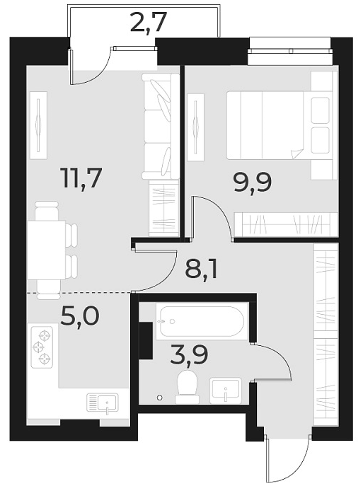 Планировка 2е-к.кв 38.60 м² в ЖК «Русское солнце»