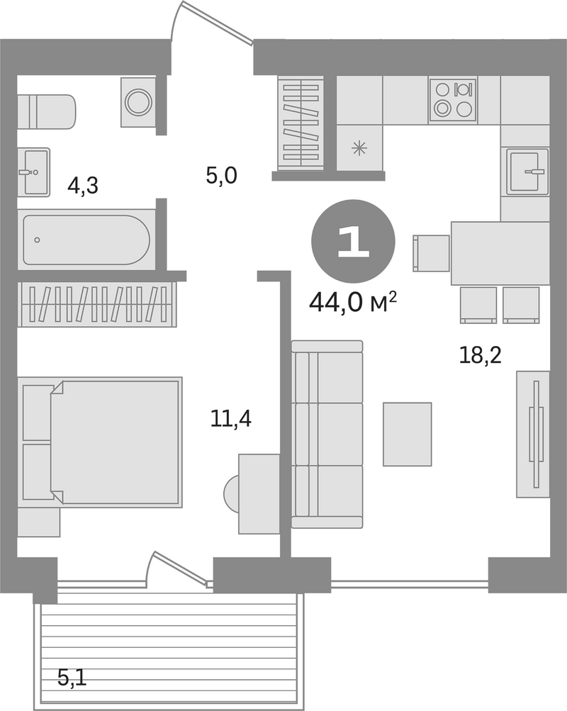 Планировка 2е-к. квартира 38.90 м² в ЖК «Пшеница»
