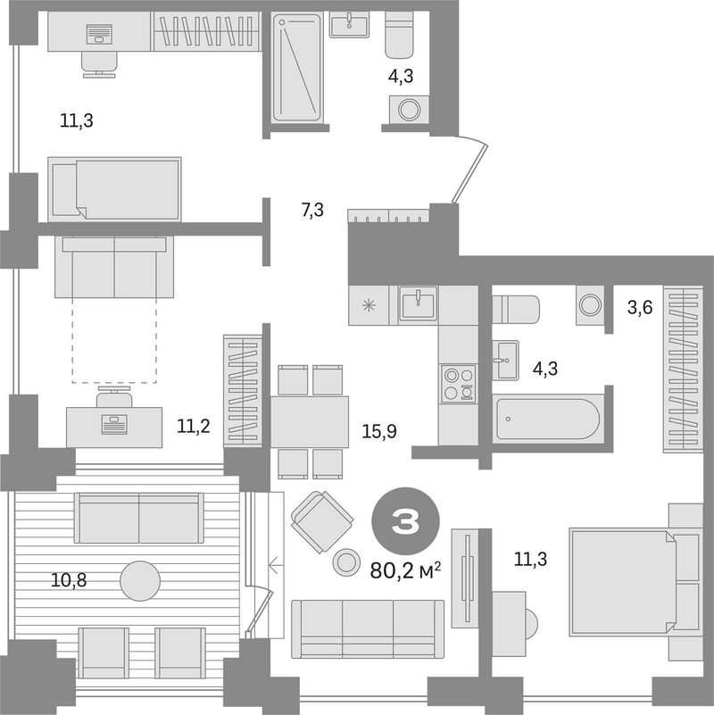 Планировка 4е-к. квартира 69.40 м² в ЖК «Пшеница»