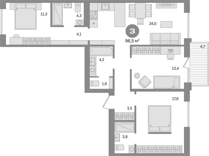 Планировка 4е-к. квартира 91.80 м² в ЖК «Пшеница»