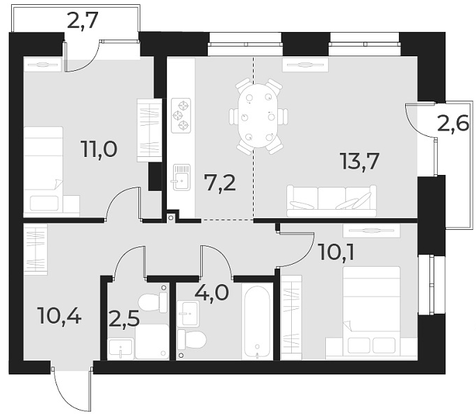Планировка 3е-к. квартира 58.90 м² в ЖК «Русское солнце»