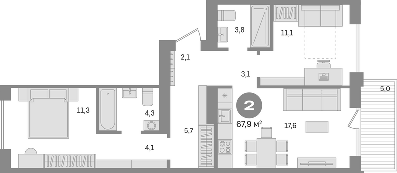Планировка 3е-к. квартира 62.90 м² в ЖК «Пшеница»